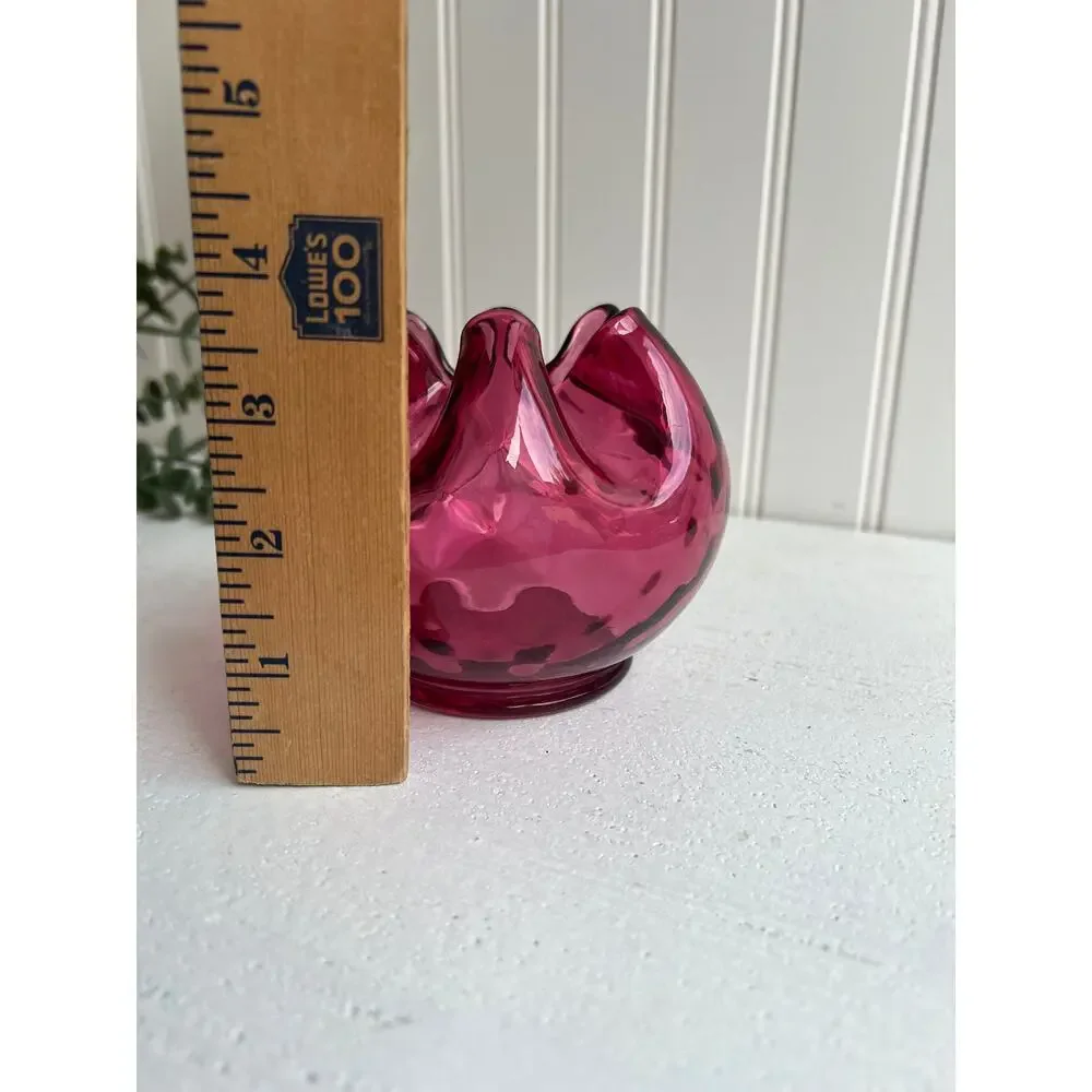 Vintage Cranberry Glass Rose Bowl with Crimped Edge | Optic Design